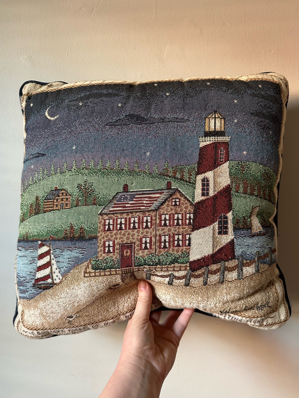 Vintage Nautical Lighthouse Tapestry Throw Pillow